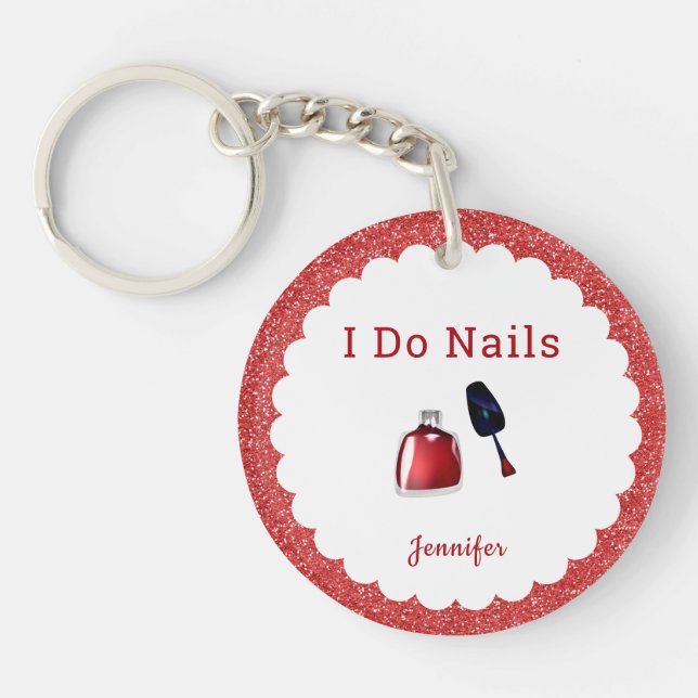 Personalized Nail Tech Red Glitter Keychain (Front)
