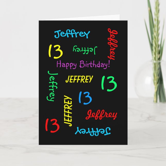 Personalized Name, 13th Birthday Black Greeting Card (Front)