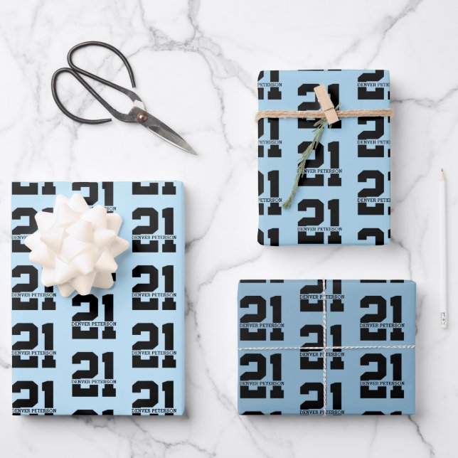 Personalized Name 21st Birthday Modern Blue Wrapping Paper Sheet (Front)