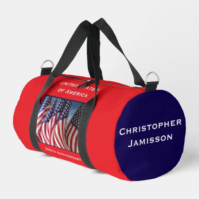 Personalized Name 250th Anniversary USA Flags Duffle Bag (Left Corner)