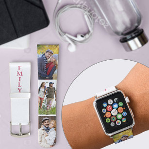 Personalized Name 3 Photo Strip Collage Pink White Apple Watch Band