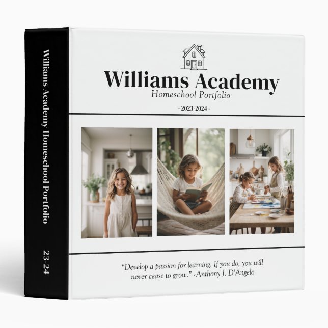 Personalized Name 3 Photo With Quote Homeschool Binder (Front/Spine)