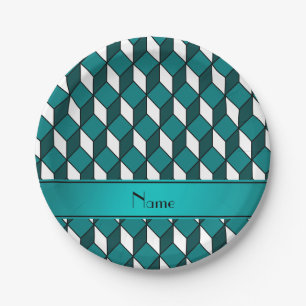 Personalized name 3d turquoise squares paper plate