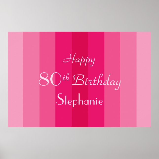Personalized Name 80th Birthday Pink Stripes Poster (Front)