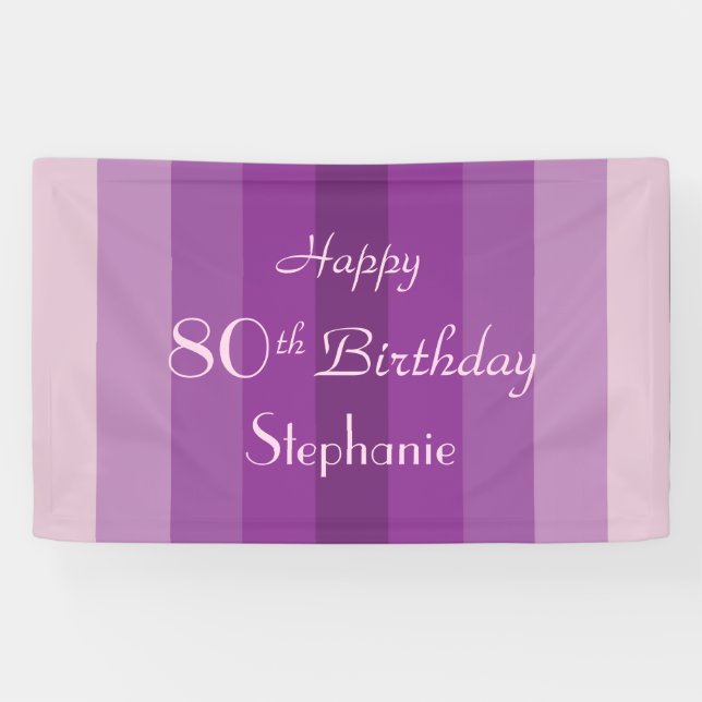 Personalized Name 80th Birthday Purple Stripe Banner (Horizontal)