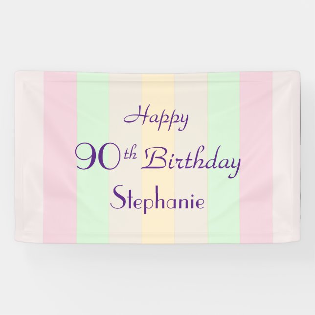 Personalized Name 90th Birthday Pastel Stripe  Banner (Horizontal)