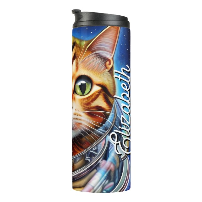 Personalized Name Adorable Space Cat Abstract Thermal Tumbler (Rotated Right)