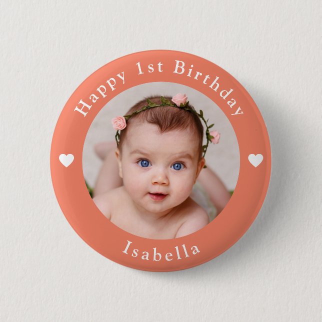 Personalized Name, Age And Photo Birthday Peach 2 Inch Round Button (Front)