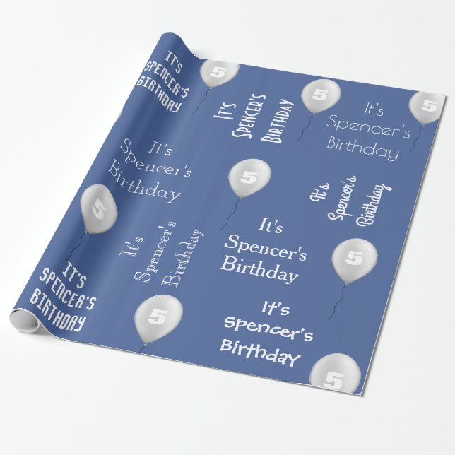 Personalized Name & Age Birthday Blue Wrapping Paper (Unrolled)