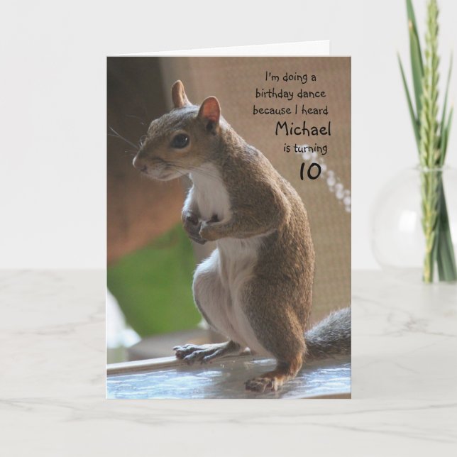 Personalized name/age birthday, dancing squirrel card (Front)