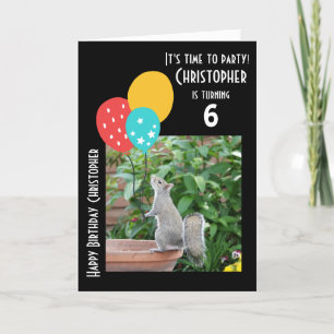 Personalized name/age, squirrel w/ balloons card