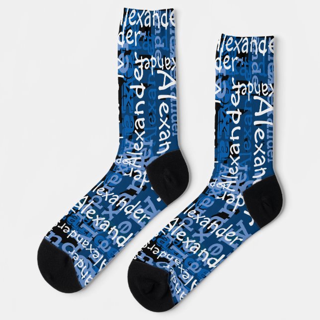 Personalized Name All Over Blue Collage Socks (Left)
