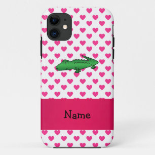 Personalized name alligator pink hearts polka dots iPhone 11 case