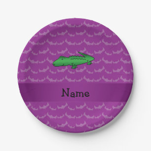 Personalized name alligator purple bats paper plate