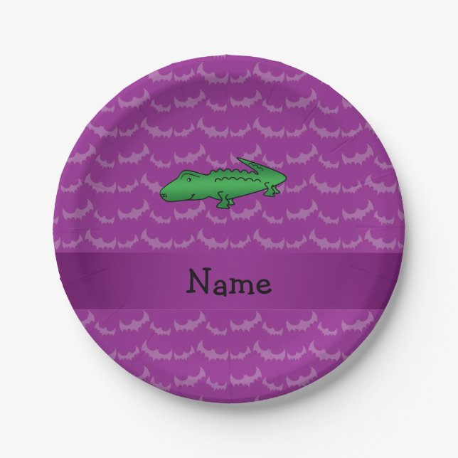 Personalized name alligator purple bats paper plate (Front)