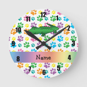 Personalized name alligator rainbow paws round clock