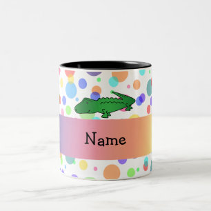 Personalized name alligator rainbow polka dots Two-Tone coffee mug