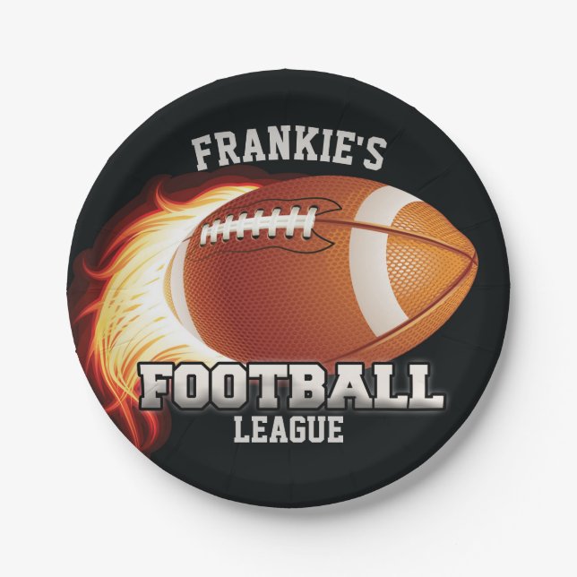 Personalized NAME American Football Flames Sports Paper Plate (Front)