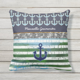 personalized / name / anchor / blue striped outdoor pillow