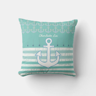 personalized name & anchor . striped light teal throw pillow