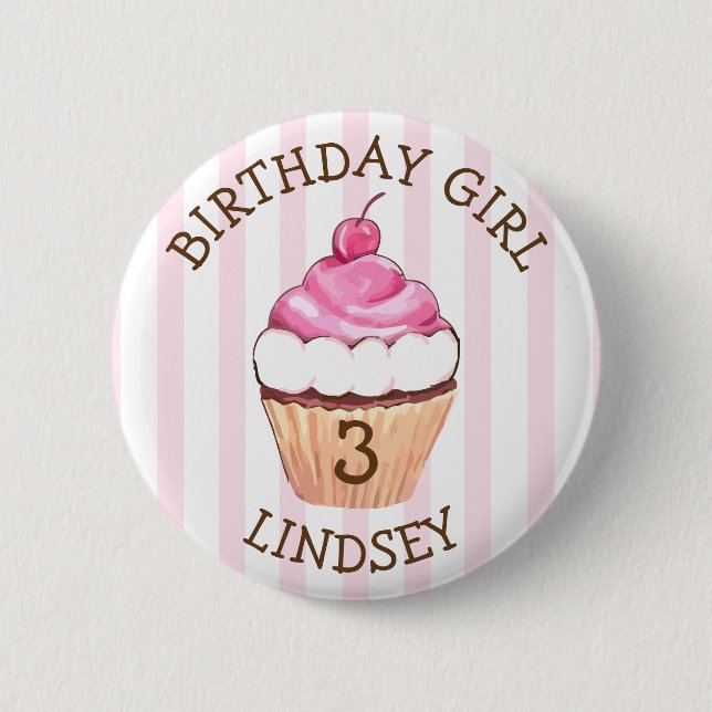 Personalized Name and Age Birthday Girl Cupcake 2 Inch Round Button (Front)