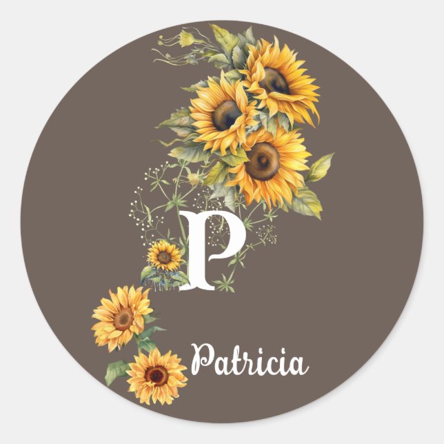 Personalized Name and Initial Sunflowers Yellow Classic Round Sticker (Front)
