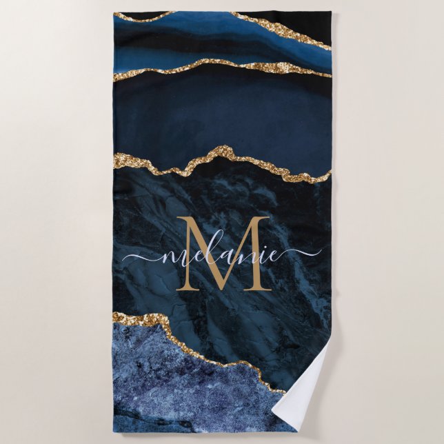 Personalized Name and Letter Navy Blue Gold Marble Beach Towel (Front)