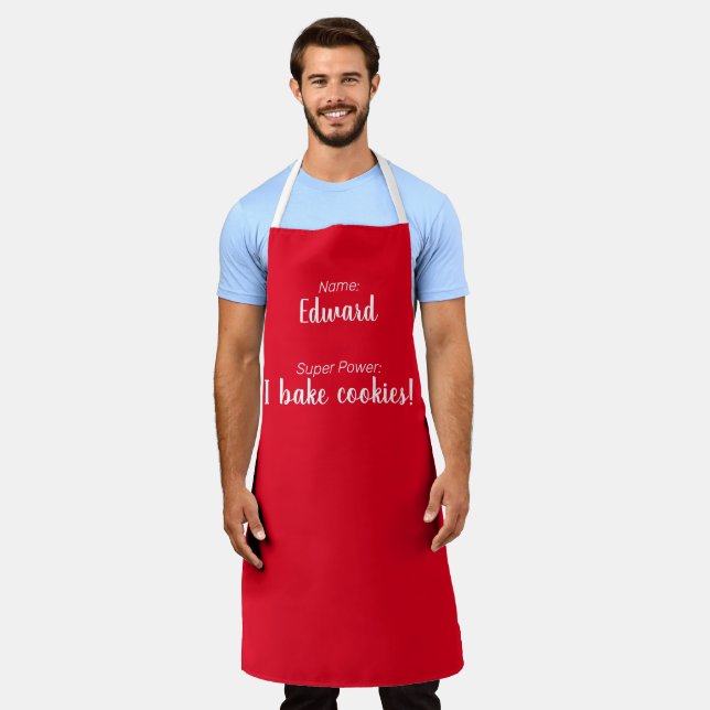 Personalized Name And Super Power Red and White Apron (Worn)
