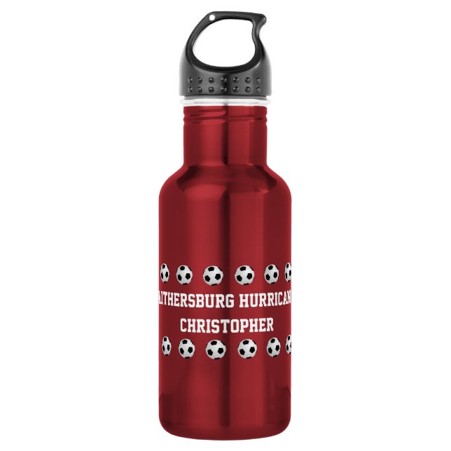 Personalized Name and Team, Soccer Balls, Red 532 Ml Water Bottle (Front)