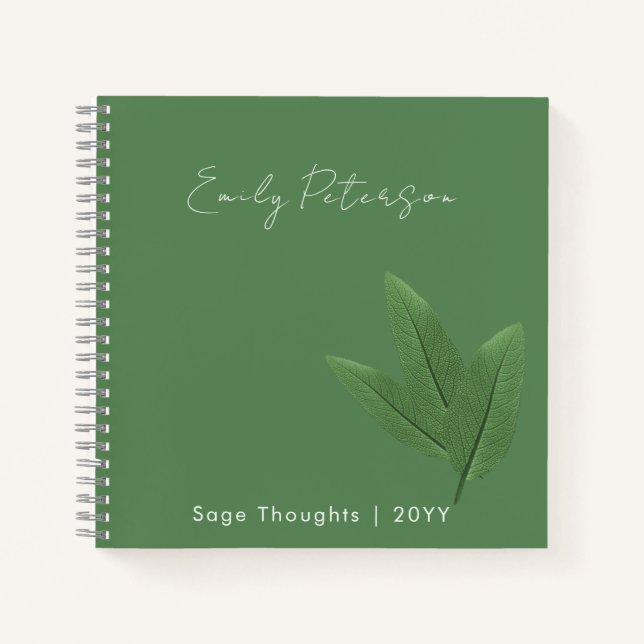 Personalized Name and Title, Sage Green Leaves  Notebook (Front)