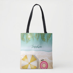 Personalized Name And Tropical Beach Palm Leaves Tote Bag