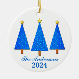 Personalized Name and Year Blue Christmas Trees Ceramic Ornament