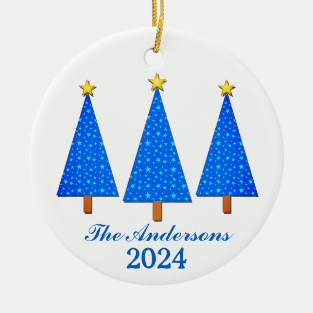 Personalized Name and Year Blue Christmas Trees Ceramic Ornament (Front)