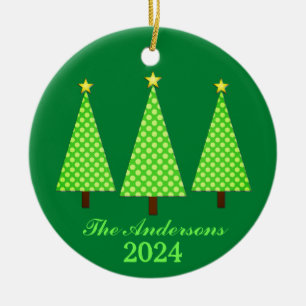 Personalized Name and Year Lime Christmas Trees Ceramic Ornament