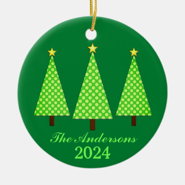 Personalized Name and Year Lime Christmas Trees Ceramic Ornament (Front)