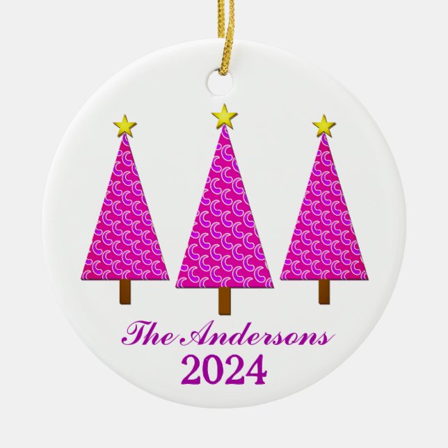 Personalized Name and Year Purple Christmas Trees Ceramic Ornament (Front)