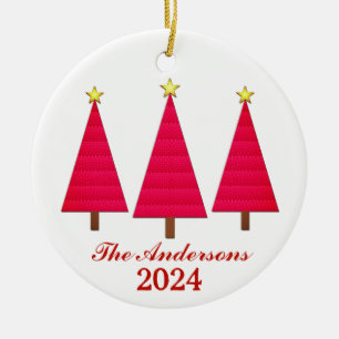 Personalized Name and Year Red Christmas Trees Ceramic Ornament