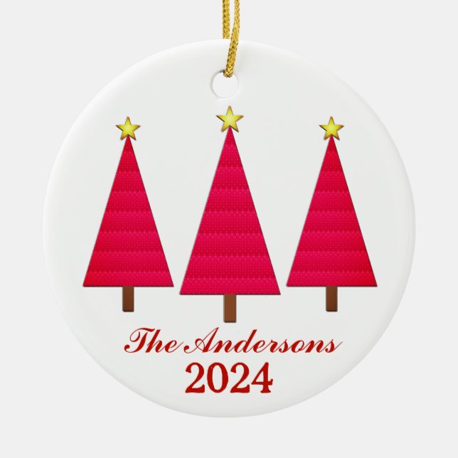 Personalized Name and Year Red Christmas Trees Ceramic Ornament (Front)