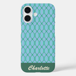 Personalized Name Aqua Blue Vintage Geometric  iPhone 16 Case
