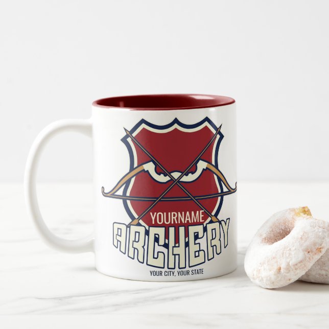 Personalized NAME Archery Sports Recurve Bow Arrow Two-Tone Coffee Mug (With Donut)