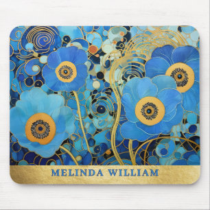 Personalized Name Art Blue Flowers Gold Abstract Mouse Pad