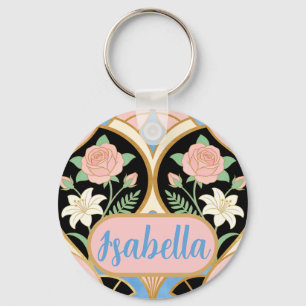 Personalized Name Art Deco Pink Roses Floral Keychain