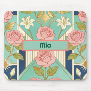 Personalized Name Art Deco Pink Roses Floral Mouse Pad