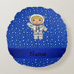 Personalized name astronaut blue stars round pillow