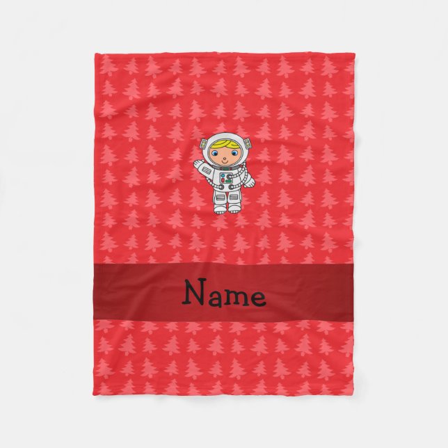 Personalized name astronaut red christmas trees fleece blanket (Front)