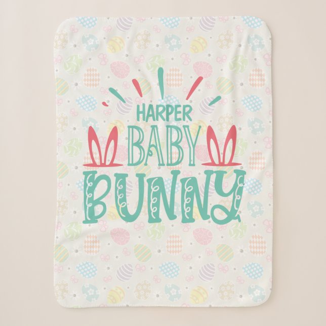 Personalized NAME Baby Bunny Butterfly Easter Eggs Sherpa Blanket (Front)