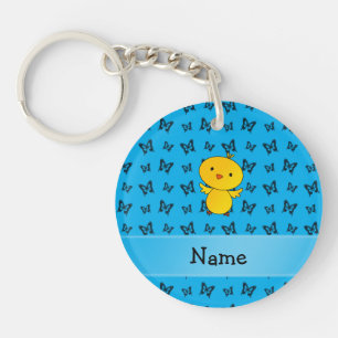 Personalized name baby chick blue butterflies keychain