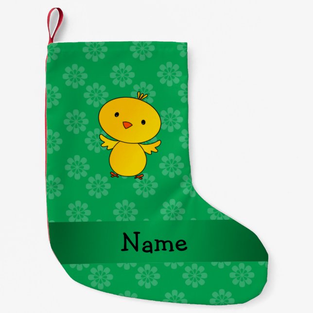 Personalized name baby chick green flowers small christmas stocking (Front)