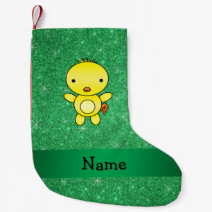 Personalized name baby chick green glitter small christmas stocking