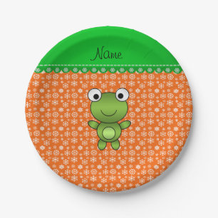 Personalized name baby frog orange snowflakes paper plate